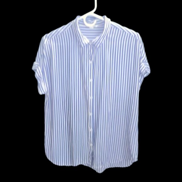 Beach Lunch Lounge Blue & White Vertical Stripe Button-Down Short Sleeve Blouse - Picture 1 of 6